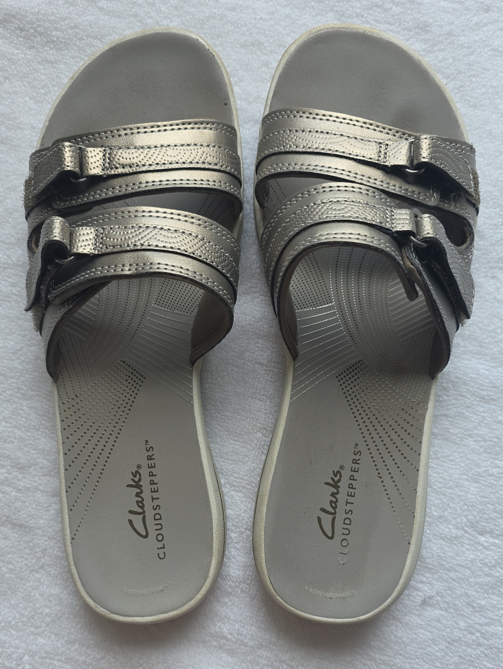 Clarks Metallic Silver Triple-Strap Slide Sandals 8
